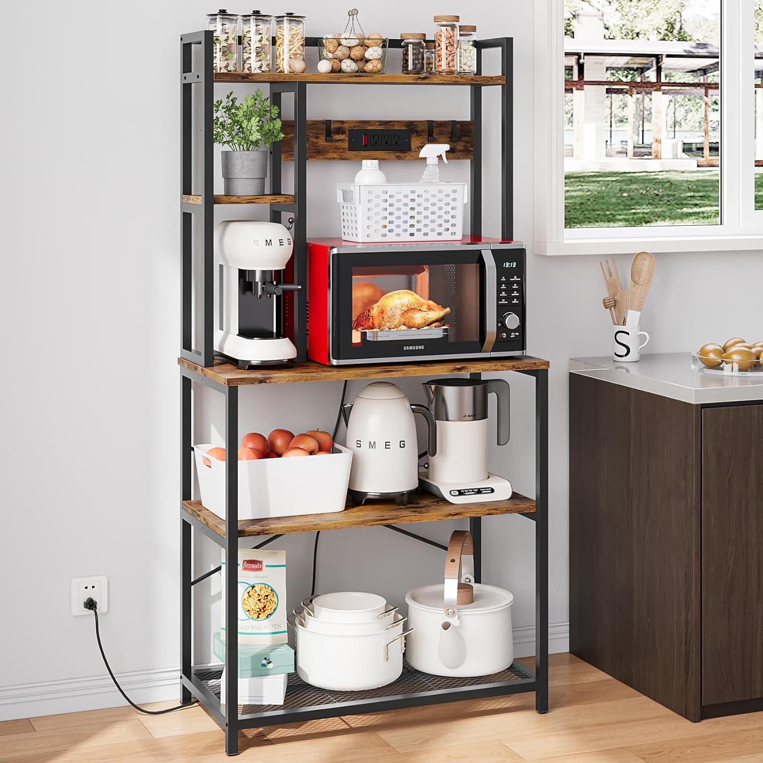5-Tier Bakers Rack for Kitchens with Power Outlet, 31.5 Inch Microwave Stand, Freestanding Metal Kitchen Rack with Hooks, Coffee Bar Station, Rustic Brown