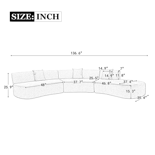 136.6" Stylish Curved Sofa Sectional Sofa Chenille Fabric Sofa Couch with Three Throw Pillows for Living Room, Beige Living Room Sectionals