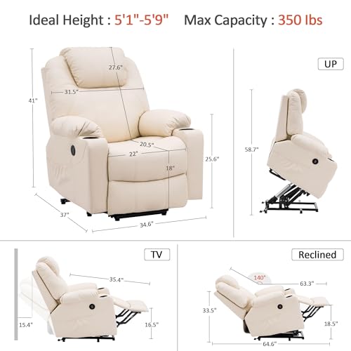 MCombo Power Lift Recliner Chair for Elderly, Lift Chair with Heat and Massage, FSC Certified, USB Ports, Cup Holders, Faux Leather 7040 (Black, Medium)