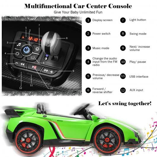 12V 2-Seater Licensed Lamborghini Kids Ride on Car with RC and Swing Function-Green
