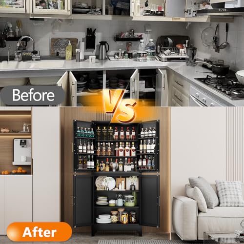 75.2" Tall Metal Pantry Cabinet, Storage Cabinets with 4 Door and 4 Adjustable Shelves, Black Kitchen Pantry Storage Cabinet, Freestanding Cupboard for Kitchen Dining Room Living Room Bathroom
