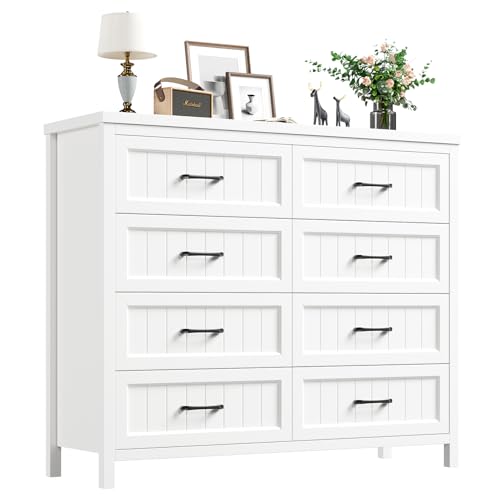 Elegant Farmhouse 8 Drawer Dresser for Bedroom - Large Wooden Double Dressers with Deep Drawers Dressers for Hallway, or Entryway - White & Brown