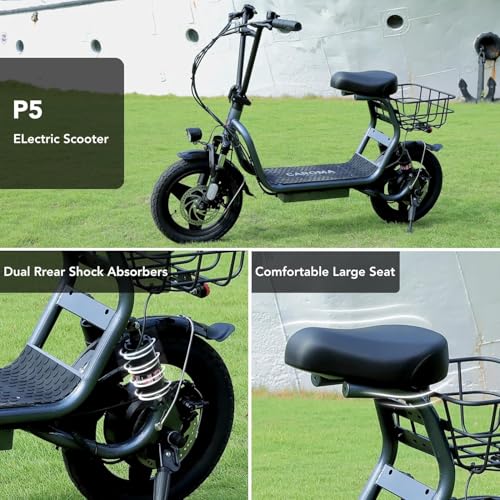 Caroma Peak 1200W Electric Scooter with Seat, 14" Fat Tire Electric Scooters for Adults, 500Wh Battery up to 30 Miles&20MPH, Foldable Adult Electric Bike for Commuting with Basket&Shock Absorbing
