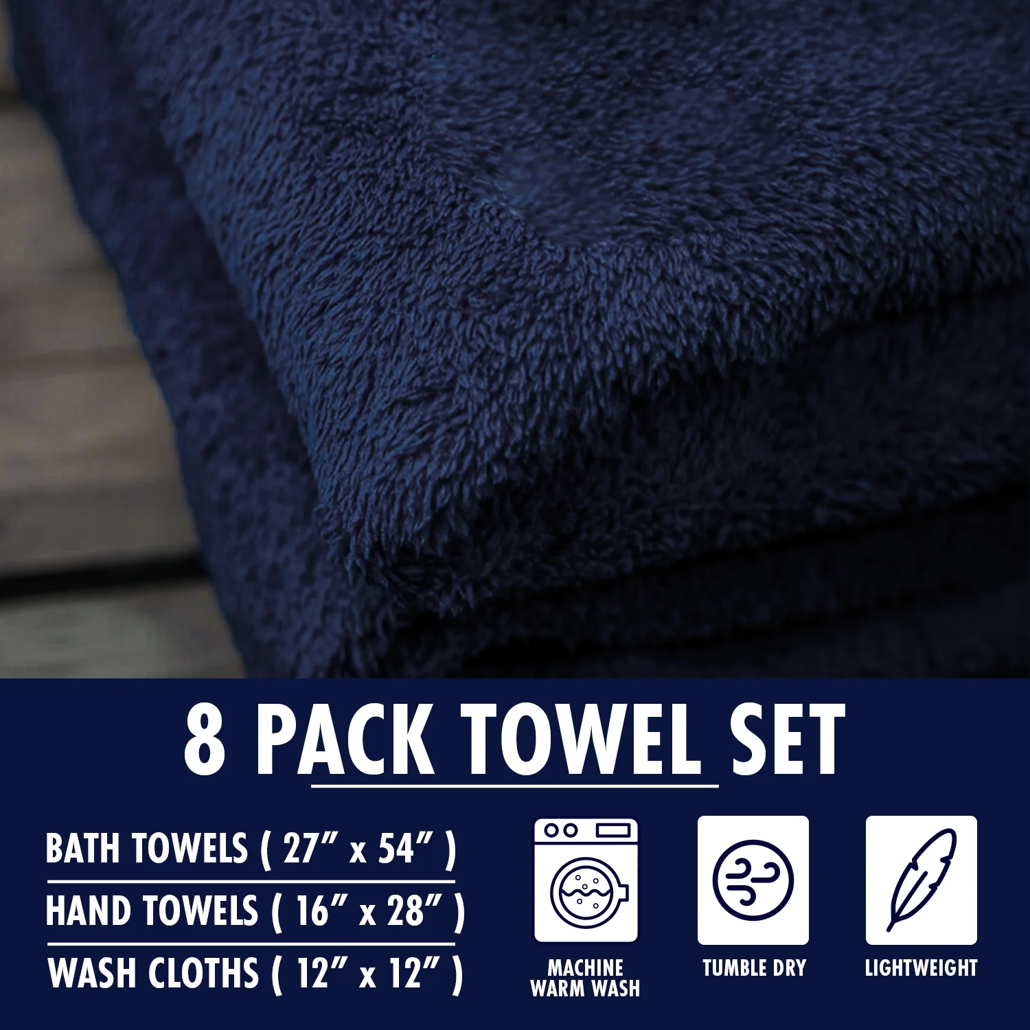 HOMES PERCEPTION Premium 8 Pack Bath Towels Set | 600 GSM 2 Bath Towels, 2 Hand Towels 4 Wash cloths | Bath Towels on Clearance, Navy Blue
