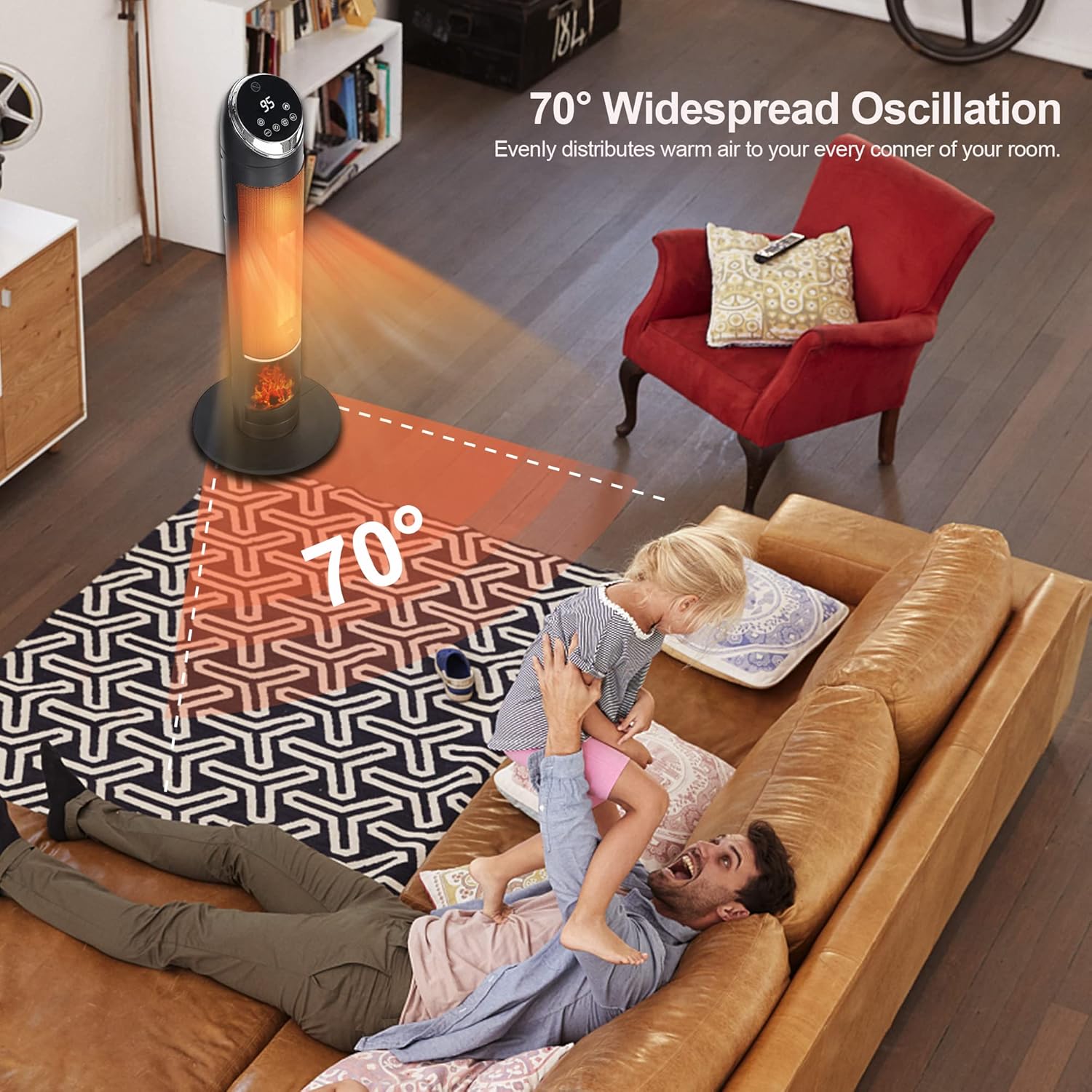38" Space Heater, Heaters for Large Room, 1500W PTC Fast Heating Oscillating Ceramic Heater with Thermostat, 24H Timer, Remote, 3D Flame, Overheat & Tip-over Protection, for Home, Indoor Use (38 Inch)
