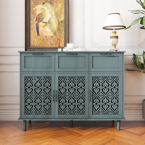 Sideboard Buffet Cabinet with Storage - Accent Storage Cabinet American Furniture, Modern 2 Door 3 Drawer Cabinet, Farmhouse Wood Credenza for Living Room, Bedroom, Dining Room (Blue)