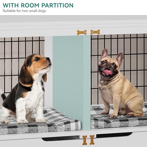 YITAHOME Double Dog Crate Furniture with Tray, 79" Dog Kennel TV Stand with Storage, Wooden Large Dog Kennel for 2 Small/Medium Dogs, White