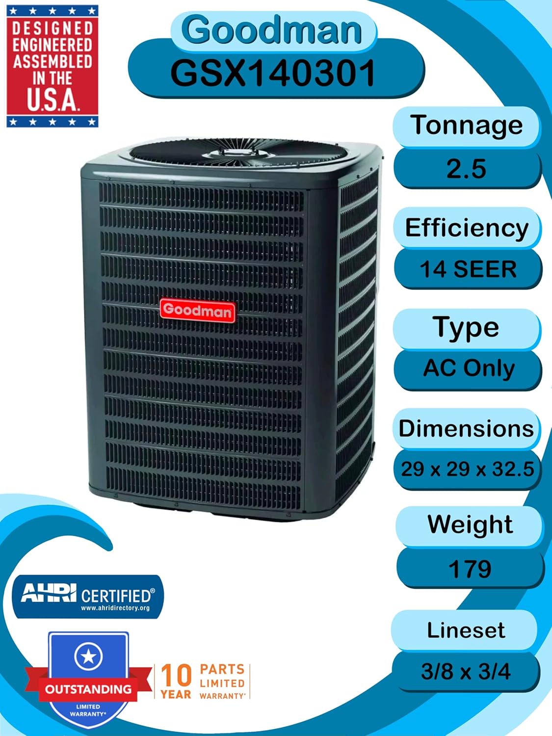 Goodman 2.5 TON 14 SEER AC Only Condenser GSX140301