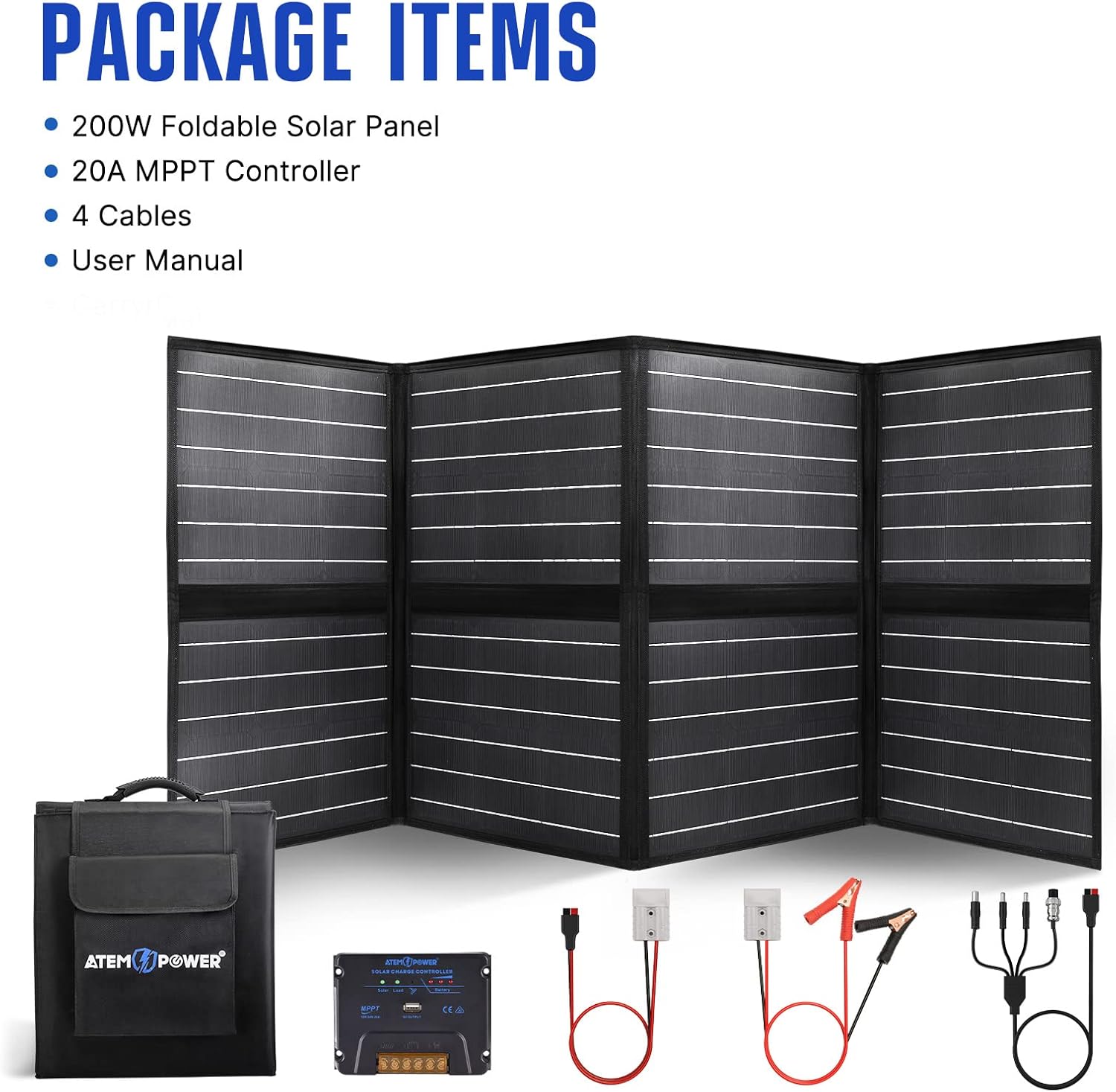 ATEM POWER 200W Portable Solar Panel - Foldable Solar Charger Monocrystalline with 20A MPPT Charger Controller 5V USB Output for 12V Batterires/Power Station Outdoor Camper RV Off Grid