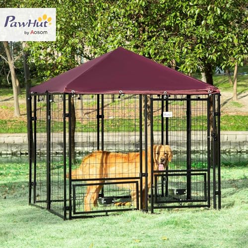 PawHut 4.6' x 4.6' x 5' Dog Kennel Outside, Welded Wire Outdoor Dog Kennel Run with Waterproof & UV Resistant Cover, for S&M Breeds, Chickens, Ducks, Black