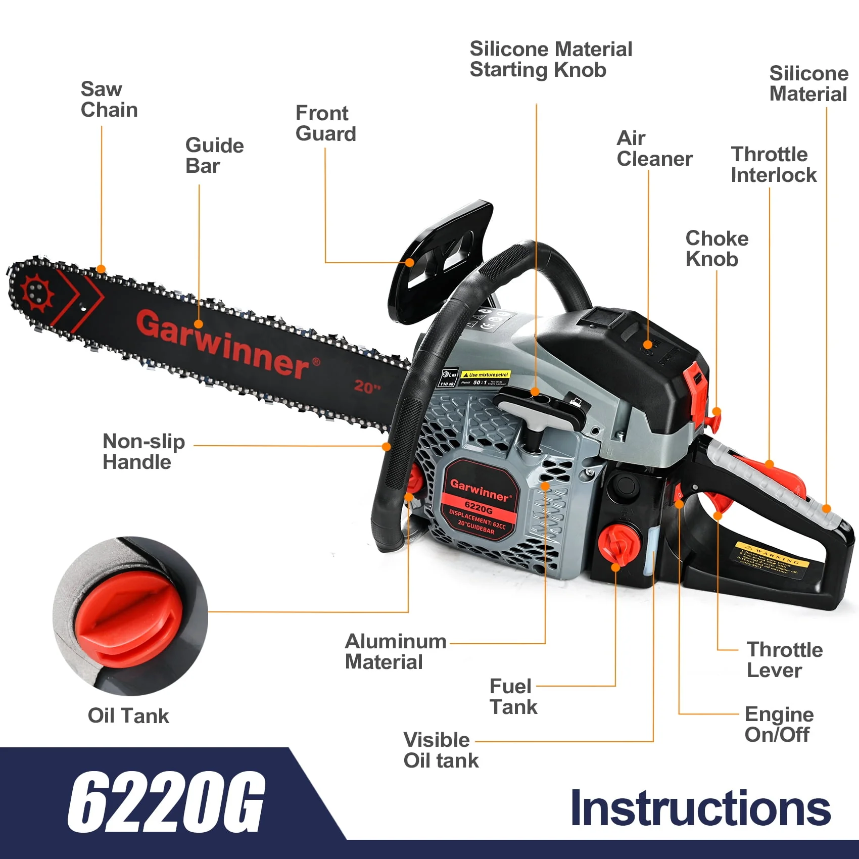 Garwinner Gas Chainsaw 20'' 2-Stroke 62CC Cordless Chainsaw 6220G for Farm, Garden and Ranch for Cutting Wood