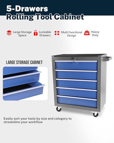 Heavy-Duty 7-Drawer Rolling Tool Chest with Wheels, Steel Tool Storage Cabinet with Lock & Liner for Workshop for Workshop/Garage - Includes 7 Organizer Boxes, Black