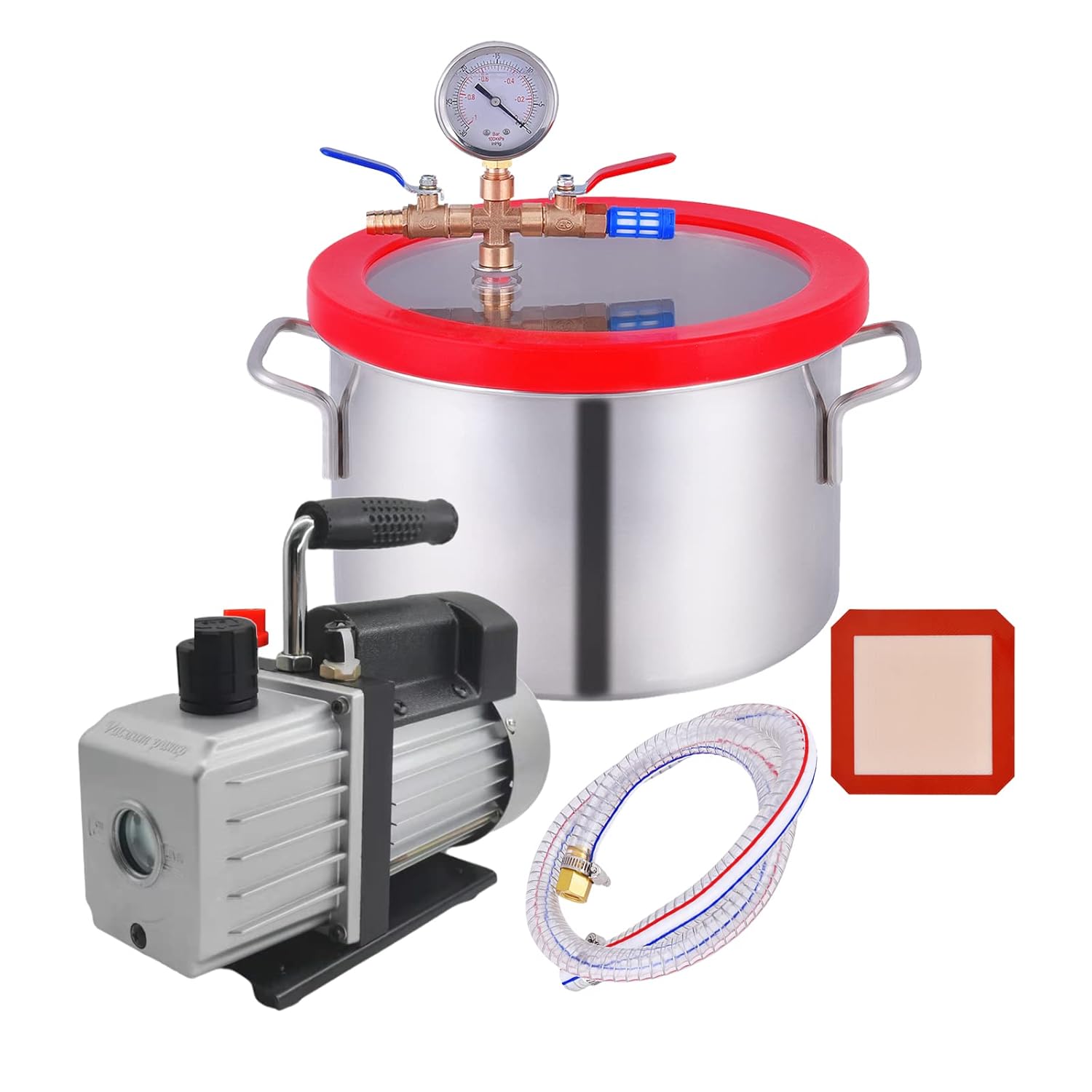 Vacuum Pump and Chamber Kit, Tempered Glass Lid Stainless Steel 2 Gallon Vacuum Chamber with 5 CFM Single Stage Vacuum Pump HVAC for Silicones Casting Degassing, Epoxies and Wax Oil