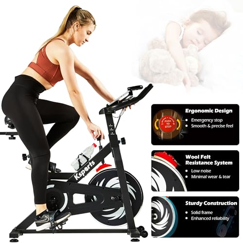Ksports Home Magnetic Resistance Adjustable Cardio Exercise Stationary Bike for Home Gyms with LCD Screen, Straps, and Ab Mat, Black