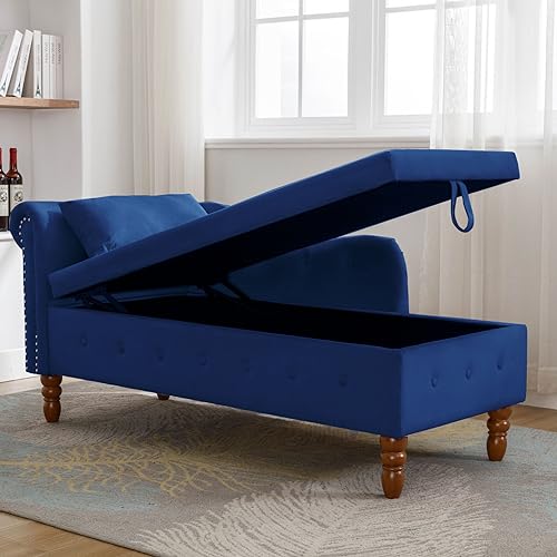 Velvet Storage Chaise Lounge, End of Bed Storage Bench with Pillow and Backrest, Button Tufted Lounge Chair with Nailhead Trim & Wood Legs, Padded Sleeper Sofa Couch for Living Room Bedroom, Black