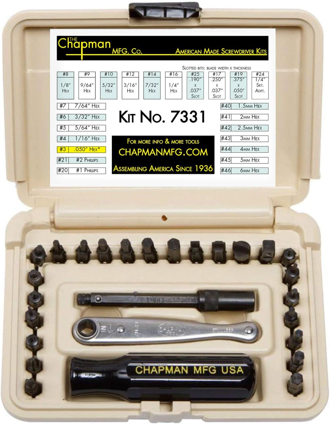 Chapman MFG 7331 All-Purpose Standard Screwdriver Set - Includes Phillips, SAE Allen Hex & Slotted/Flathead Bits, Complete Set Offers 24 USA Made Insert Bits + Mini Ratchet Hand Tool (Desert Tan Case) Pack of 2