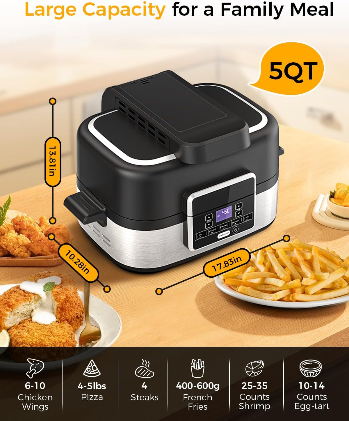 Joy Pebble Indoor Grill with Air Fry, 5-IN-1 Electric Smart Air Fryer Grill Combo, Stainless Steel with Air Grill, Air Fryer, Roast, Bake, Dehydrate, Beef & Fries, 5QT Large Capacity Smokeless, Black