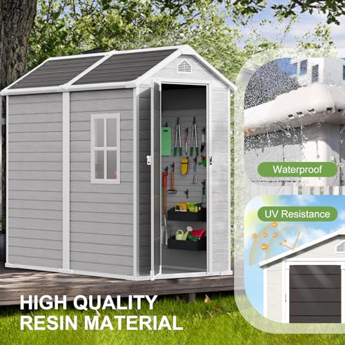 8x6x7 FT Resin Storage Shed, Waterproof Outdoor Storage Shed w/Floor, 2 Windows, Double Lockable Doors & Vents, Tool Shed for Patio Garden, Lawn, Backyard, Dove Grey