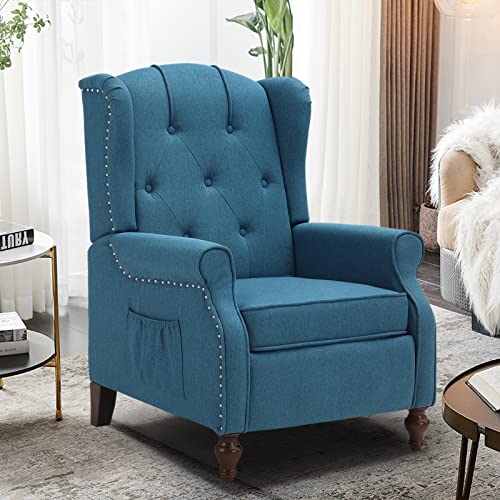 Wingback Recliner Chair with Massage and Heat, Tufted Fabric Pushback Recliner Chair, Wingback Chair with Remote Control, Padded Cushion, Wooden Legs, Small Recliners for Small Spaces