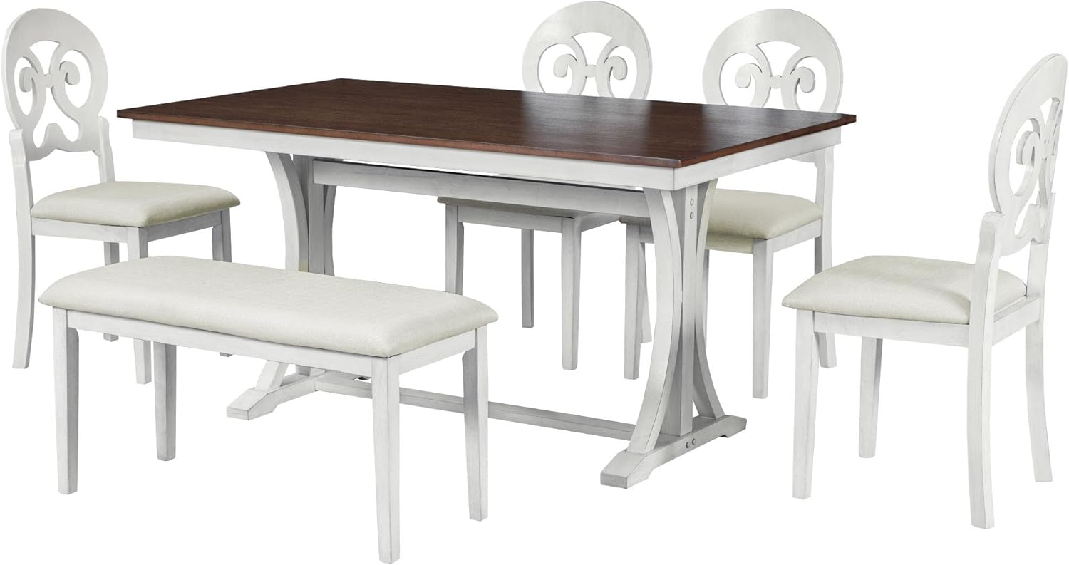 Mid-Century 6-Piece Trestle Table Set with Victorian Round Upholstered Dining Chairs,Vintage Wooden Rectangular Tabletop w/Long Bench,for Living Room/Hostel,Cherry+Antique White