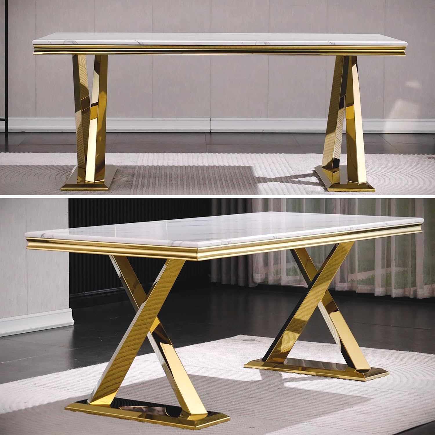White and Gold Dining Table, 72" Dining Room Table with Polished Gold Double X-Base, Luxury Kitchen Table for 4-8