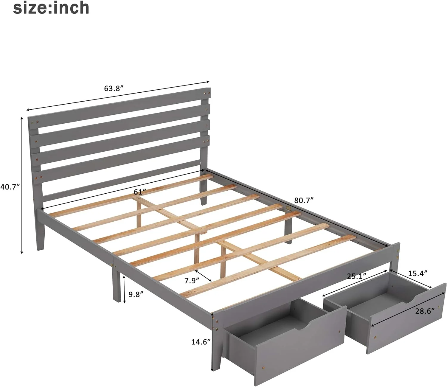 Queen Bed Frame, Queen Platform Bed With Storage Drawers, Wood Platform Bed Frame With Headboard, Wood Slats Support, No Box Spring Needed, Easy Assembly, Grey