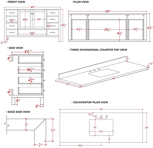 ARIEL 61" White Bathroom Vanity with 1.5" Edge Italian Carrara Marble Countertop & Backsplash, Center Rectangular Sink, 2 Soft Closing Doors, 9 Full Extension Dovetail Drawers, Brushed Nickel