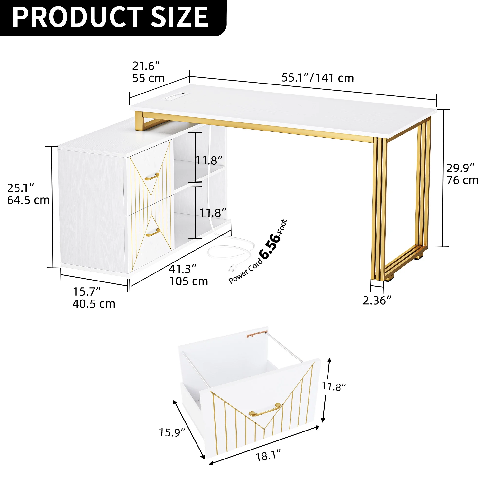 Dextrus L Shaped Desk with LED Light & Power Outlets, 55 Inch Reversible Corner Desk with Drawers & Storage Shelves, Computer Desk Office Desk Writing Desk for Home Office, White