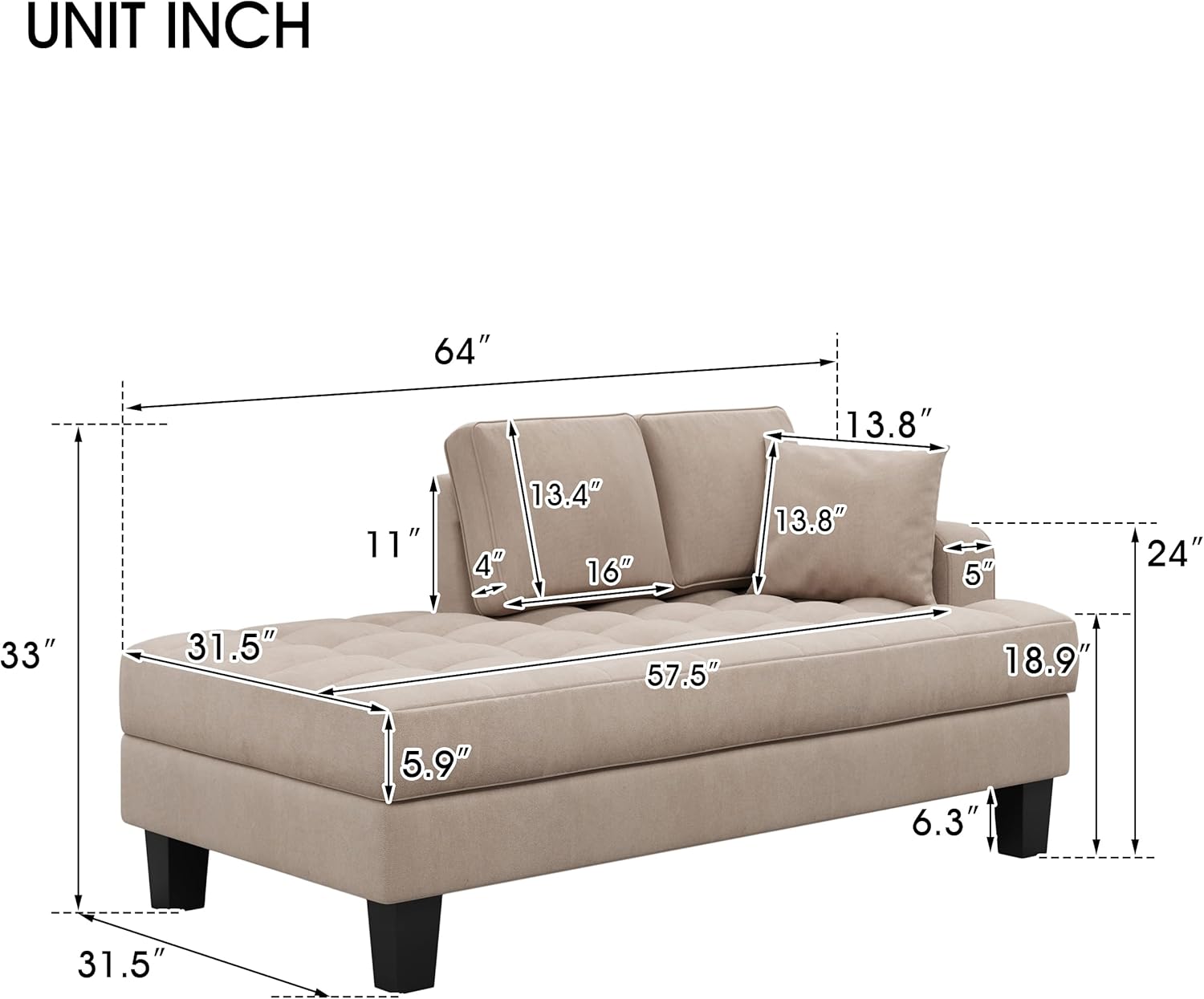 2 Pieces Tufted Upholstered Textured Fabric Chaise Lounge Set,with 2 Toss Pillow,Aristocratic Leisure Recliner,w/Armrests, Backrests,for Living Room Bedroom,Warm Grey