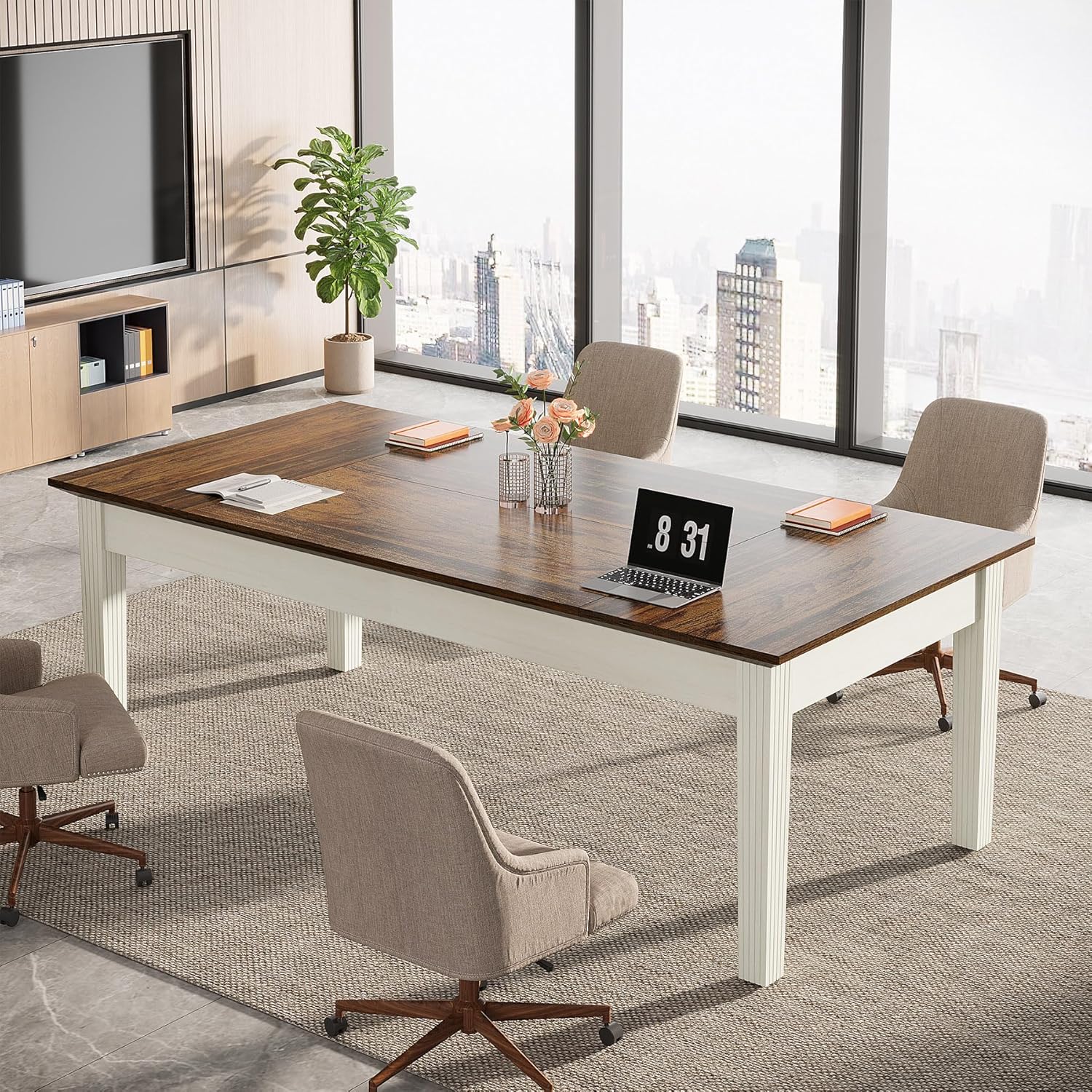 Tribesigns 62-Inch Computer Desk, Large Office Executive Desk with Solid Wood Legs, Modern Simple Laptop Desk Study Writing Table Workstation Furniture for Home Office, Rustic Brown & White