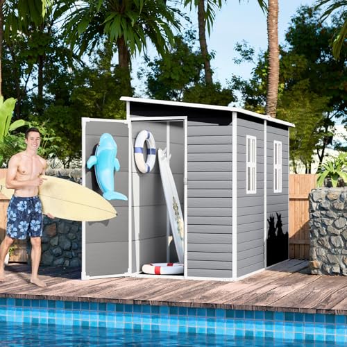 8x6x7 FT Resin Storage Shed, Waterproof Outdoor Storage Shed w/Floor, 2 Windows, Double Lockable Doors & Vents, Tool Shed for Patio Garden, Lawn, Backyard, Dove Grey
