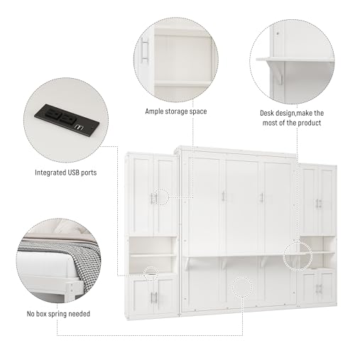 Queen Size Murphy Bed Wall Bed with 2 Side Cabinet Storage Shelf & Desk Combo,68-inch Vertical Wall Bedframe w/Can Be Folded for Bedroom Guest Room Small Space, White