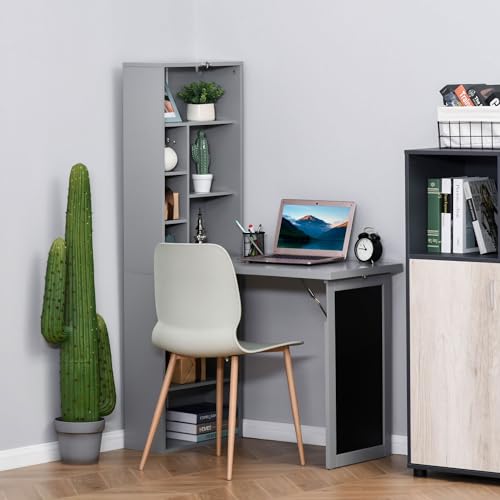 HOMCOM Fold-Out Convertible Writing Table Wall Mount Desk Cabinet with Blackboard and Side Shelf Multi-Function Home Office Workstation, Grey