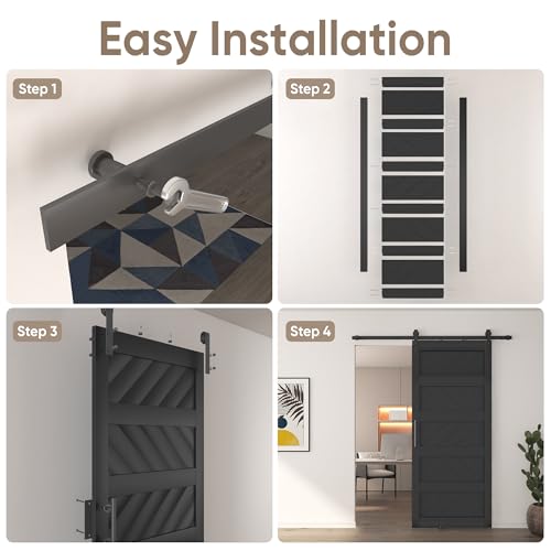 JUBEST 36" x 84" Barn Door, Slding Barn Door Kit Wave Shape Barn Door Panel with Hardware Kit Include, Easy Installation, Solid Wood, MDF & PVC Covered, Black