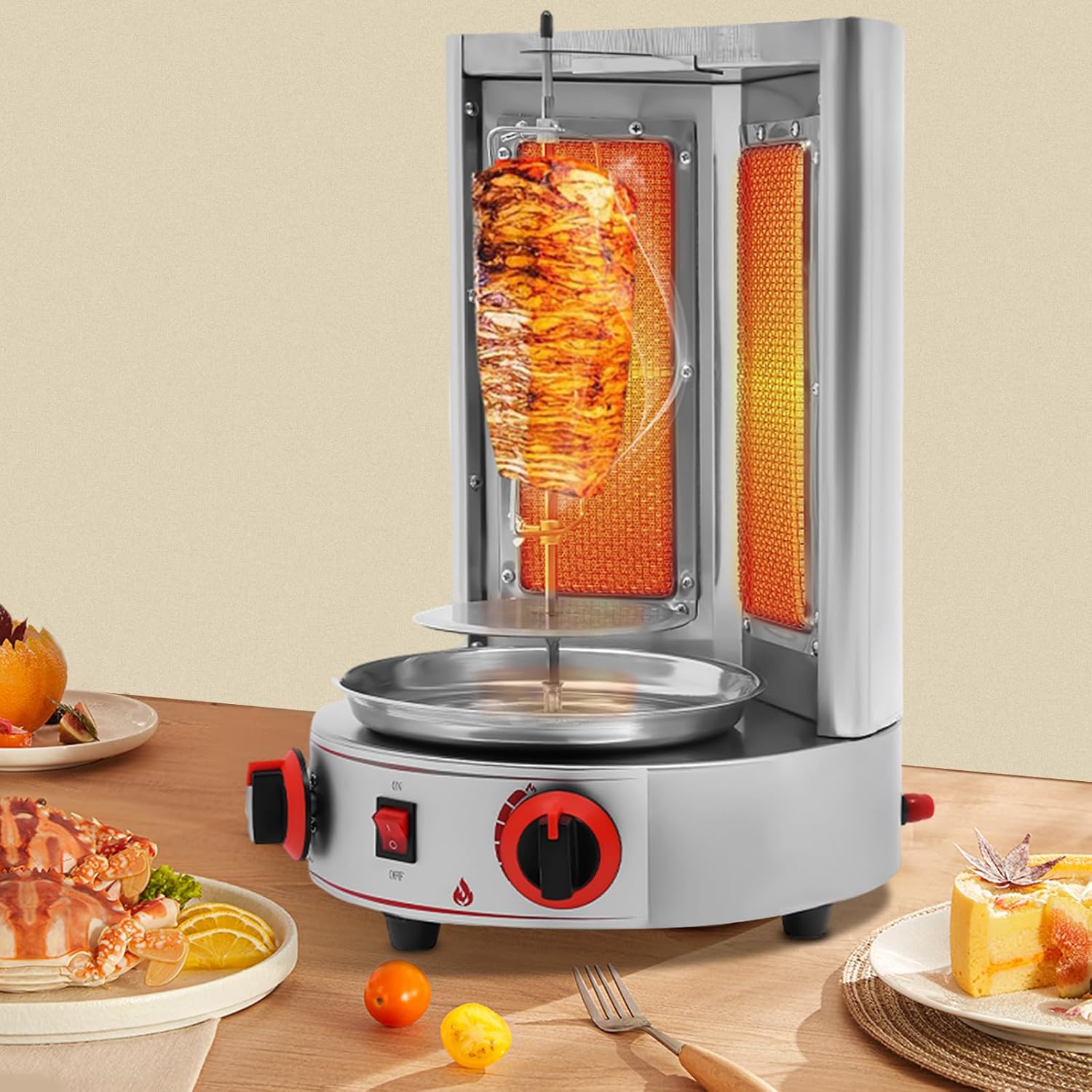 Shawarma Grill Machine 3000W Gas Vertical Broiler Gyro Rotisserie Oven Doner Kebab Machine 110V Stainless Countertop Rotisserie Grill with 2 Burners for Restaurant Home Garden
