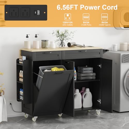Rolling Kitchen Island with Power Outlet & Drop Leaf, Kitchen Island Cart with Trash Storage Cabinet,Kitchen Rolling Island with Spice Rack & Towel Rack, Knife Holder, Mobile Island Table for Kitchen