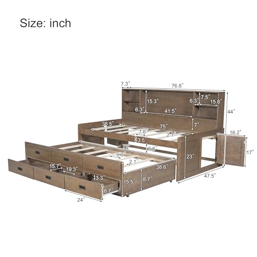 Harper & Bright Designs Full Captain’s Bed with Trundle, Drawers, Bookcase, Solid Wood Full Storage Daybed Frame for Kids Guests, No Box Spring Needed (Full Size, White)