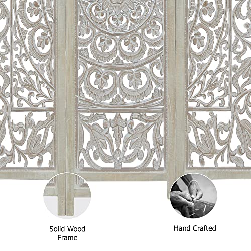 Room Divider Wood Screen - Ghanti Bells Antique Brown - 4 Panel Folding 72 x 80 - Assembled Hand Carved Decorative Functional Versatile Portable Partition Reversible Privacy Boho - COTTON CRAFT