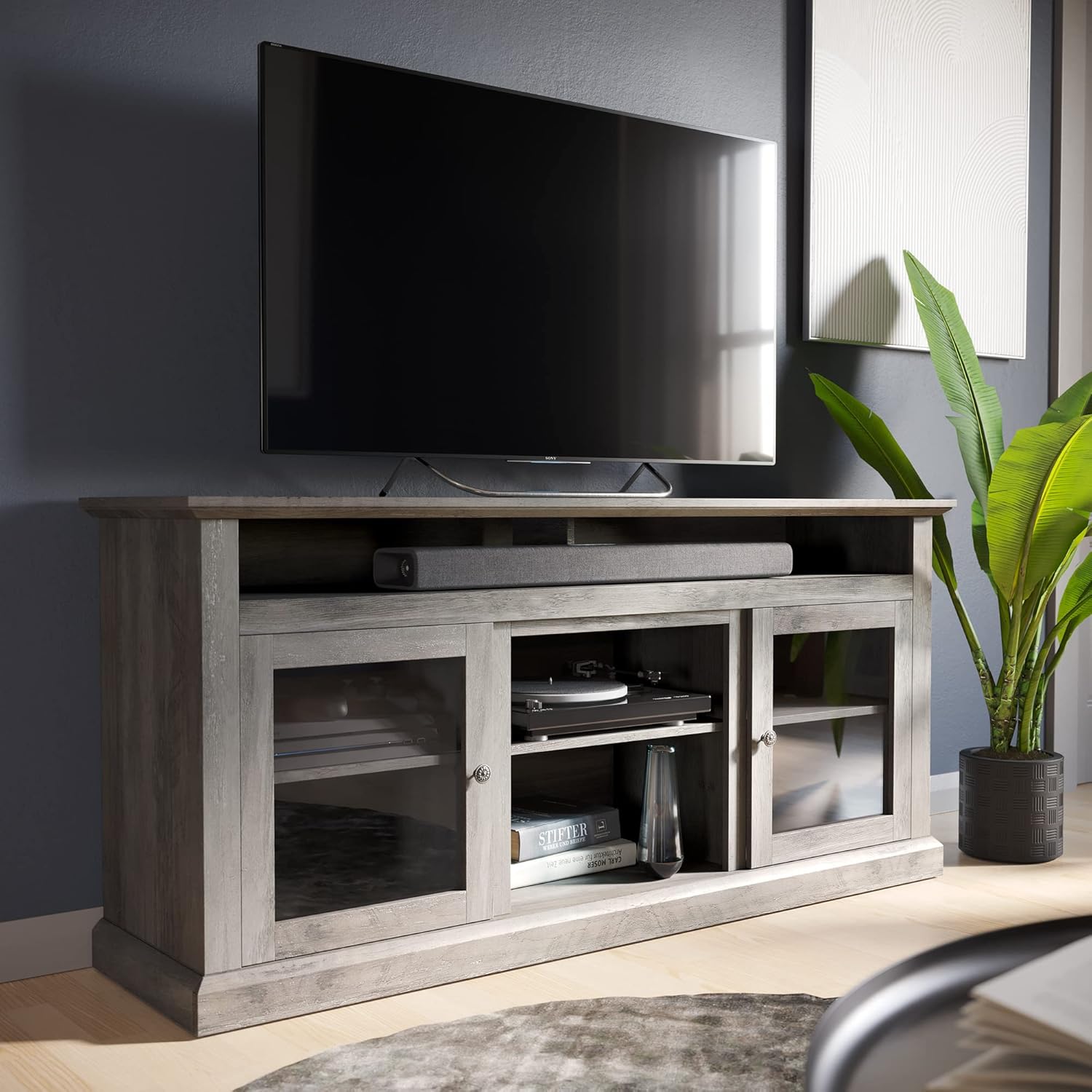 BELLEZE Modern 60 Inch Traditional Electric Fireplace TV Stand & Media Entertainment Center Console Table for TVs up to 65 Inches with Open Storage Shelves & Cabinets - Cayman (Light Gray)