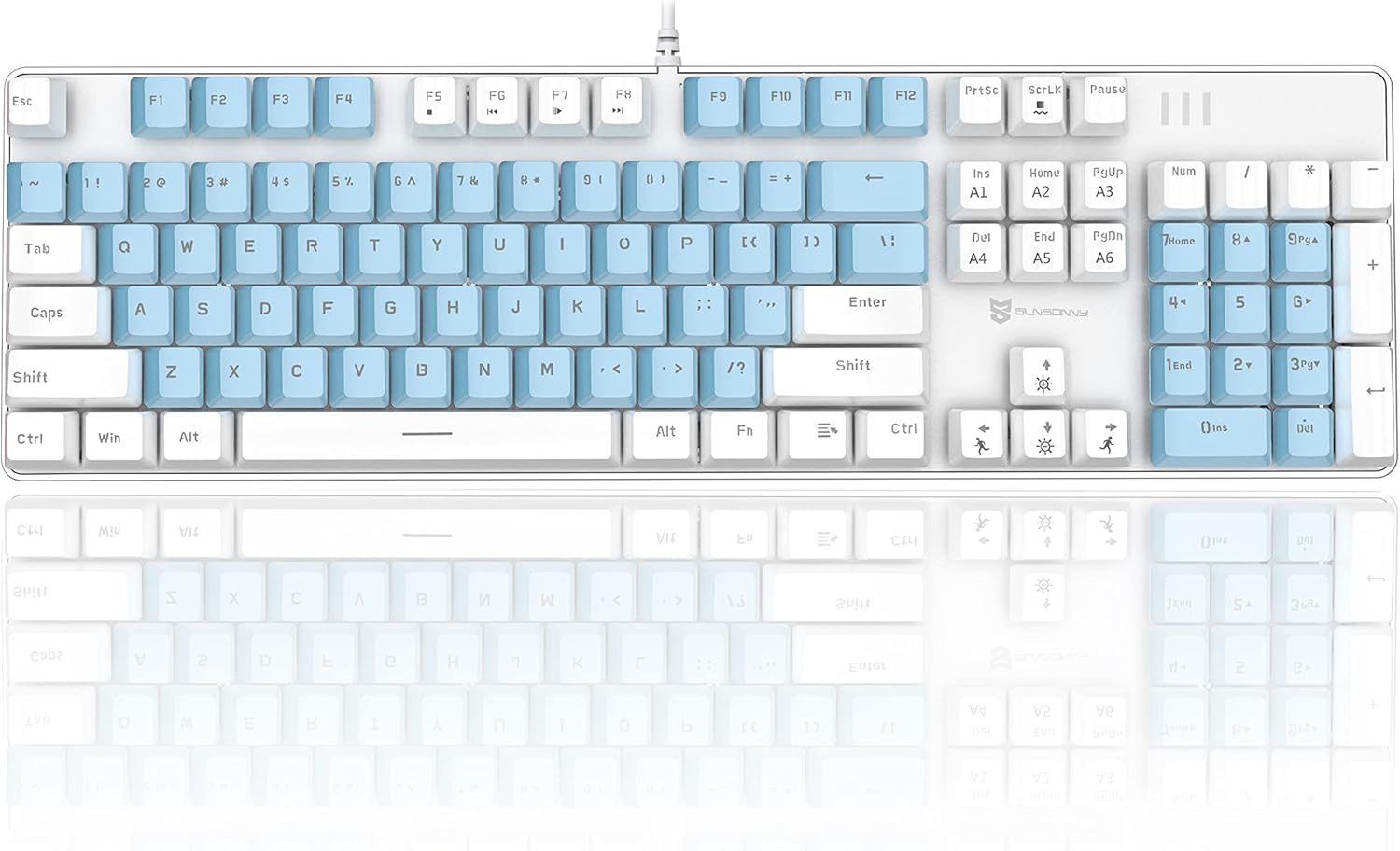 Mechanical Gaming Keyboard 104 Keys Mixed Color with Blue LED Backlit Wired USB Anti-Ghosting Keys Ergonomic Design Metal Panel Keyboard for PC Mac Laptop (Brown Switch, Blue White)