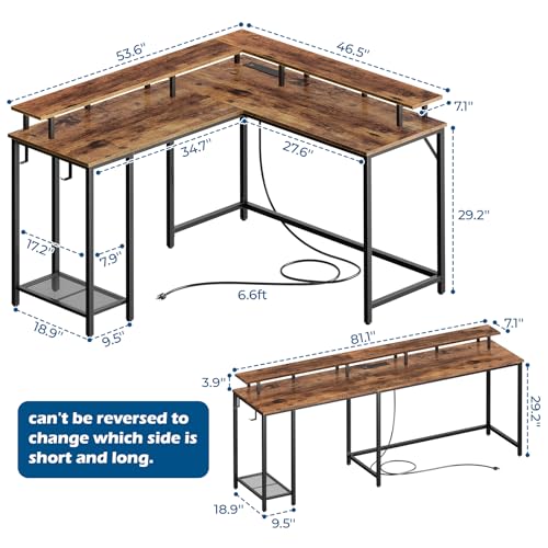 L Shaped Gaming Desk, Computer Desk with Power Outlets, LED Lighting, Home Office Desk,Grey