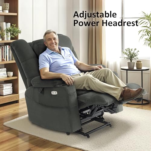 MCombo Large Triple Motor Power Lift Recliner Chair with Massage and Dual Heating, Adjustable Headrest for Tall Elderly People, Fabric 7634 (Grey, Large)