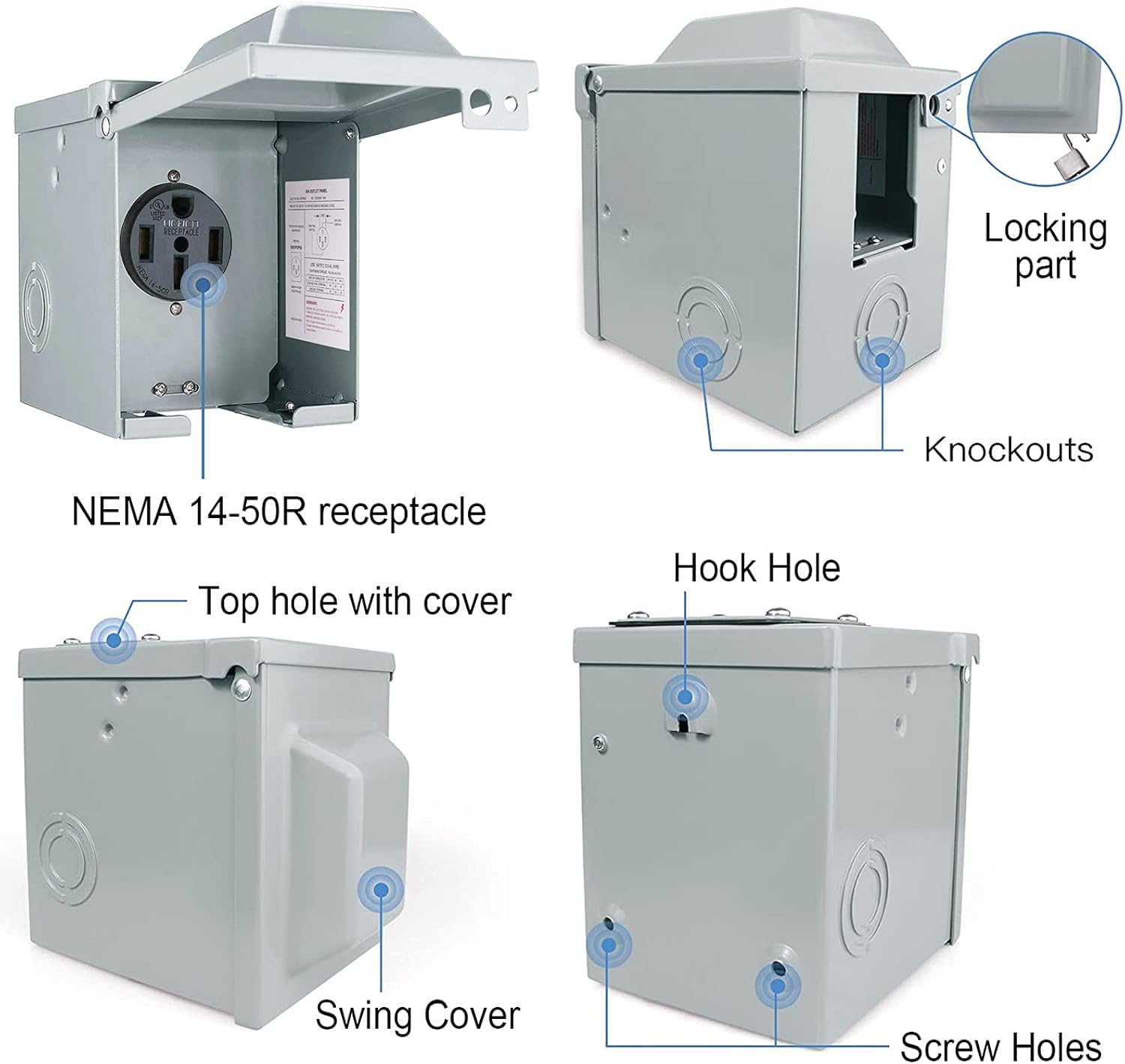 50 Amp 125/250 Volt RV Power Outlet Box, Enclosed Lockable Weatherproof NEMA 14-50R Outdoor Electrical Receptacle Panel, 50 Amp RV Receptacle for RV Camper Trailer Motorhome Electric Car Generator