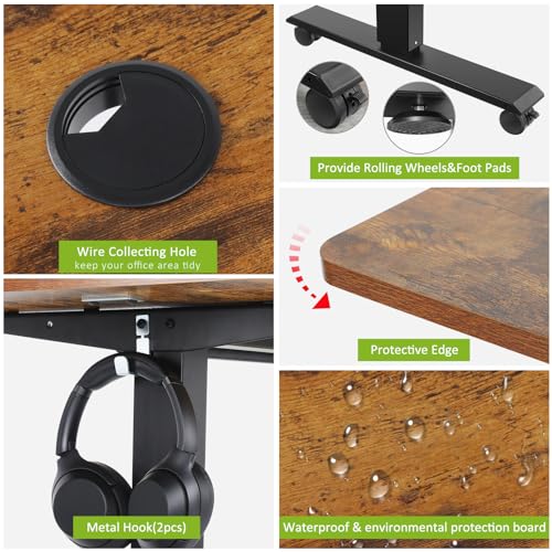 farexon Electric Standing Desk 55 x 24In with Charging Station, Stand up Desk with Oversized Mouse Pad, 2 USB Ports & 3 Power Outlets, 4 Caster, 4 Preset Heights Easy to Set（Brown）