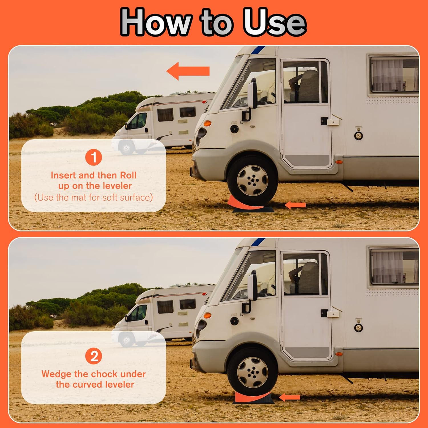 WELLUCK RV Camper Leveler Kit, 2 Packs Heavy Duty Curved RV Leveling Blocks Ramp Wheel Chock for Travel Trailer, Up to 35,000 lbs, Anti-Slip Mats Included, Level your RV on First Try Pack of 2