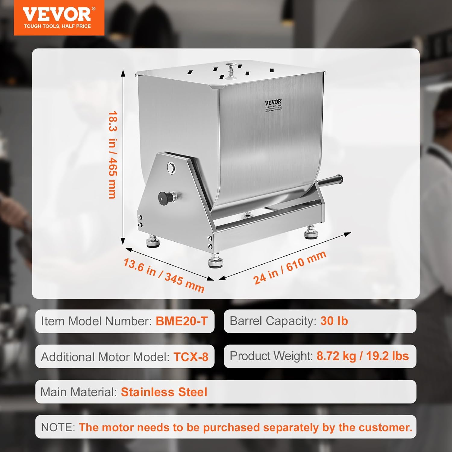 VEVOR Manual Meat Mixer, 30 Pound Capacity Tilt Tank Meat Mixer, Stainless Steel Meat Processing Equipment, Sausage Mixer Machine with Lid and Handle, Ground Beef Hand Mixer, Silver