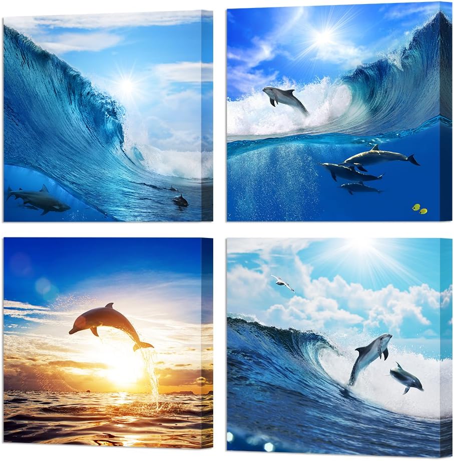 HOMEOART Dolphin Wall Art Blue Ocean Jumping Dolphins Animal Bathroom Decor Painting Picture Prints on Canvas Framed Home Wall Decoration12x12x4 Pictures