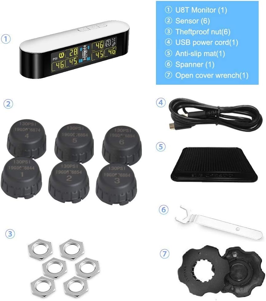 INFITARY RV TPMS Tire Pressure Monitoring System Truck Trailer Real Time Monitor Tire Pressure Temperature Air Leakage Battery Auto Alarm 6 Anti-Theft External Cap Sensor for 4-6 Tires' Car Pickup Tow
