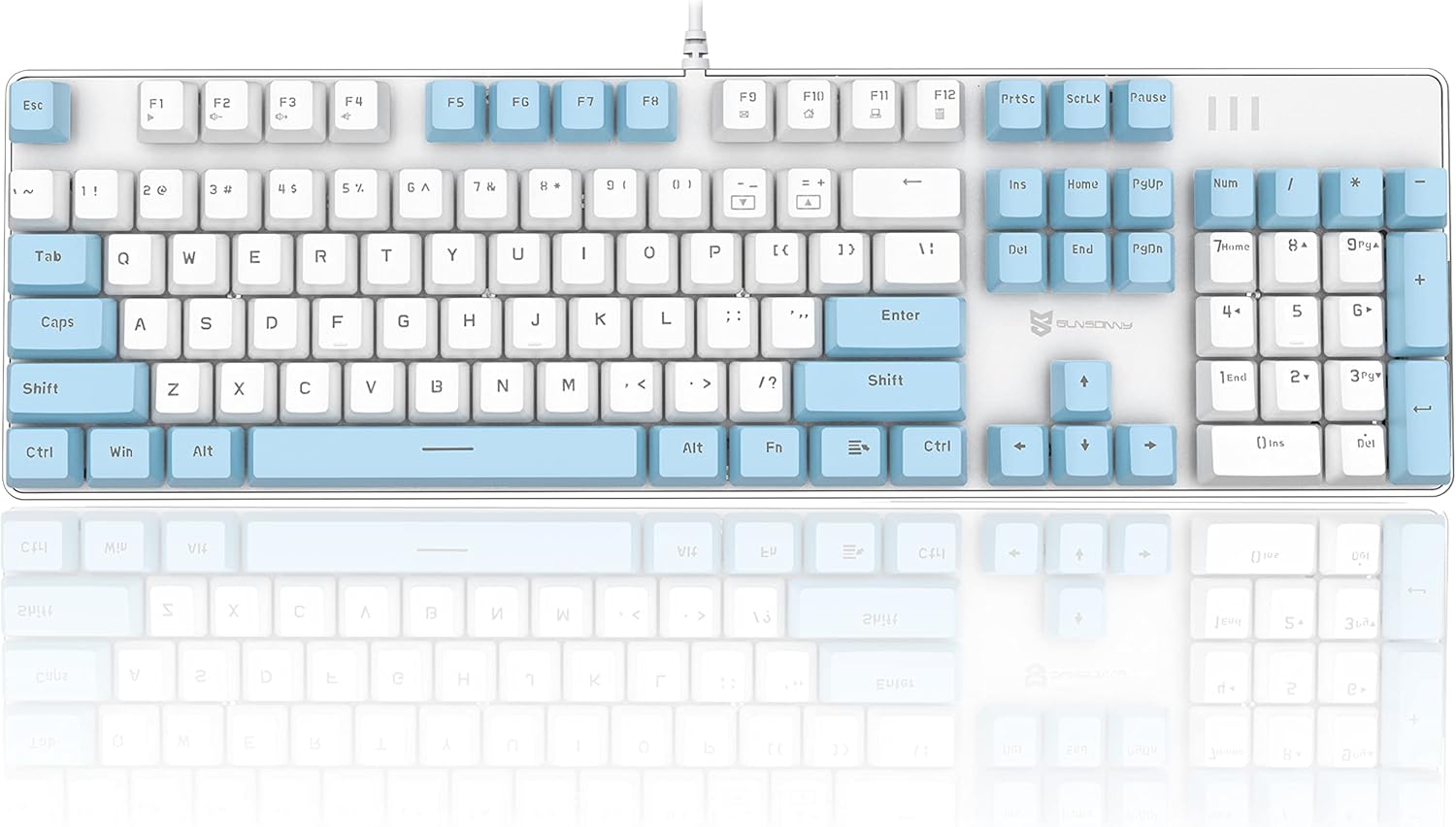 Mechanical Gaming Keyboard 104 Keys Mixed Color with Blue LED Backlit Wired USB Anti-Ghosting Keys Ergonomic Design Metal Panel Keyboard for PC Mac Laptop (Brown Switch, Blue White)