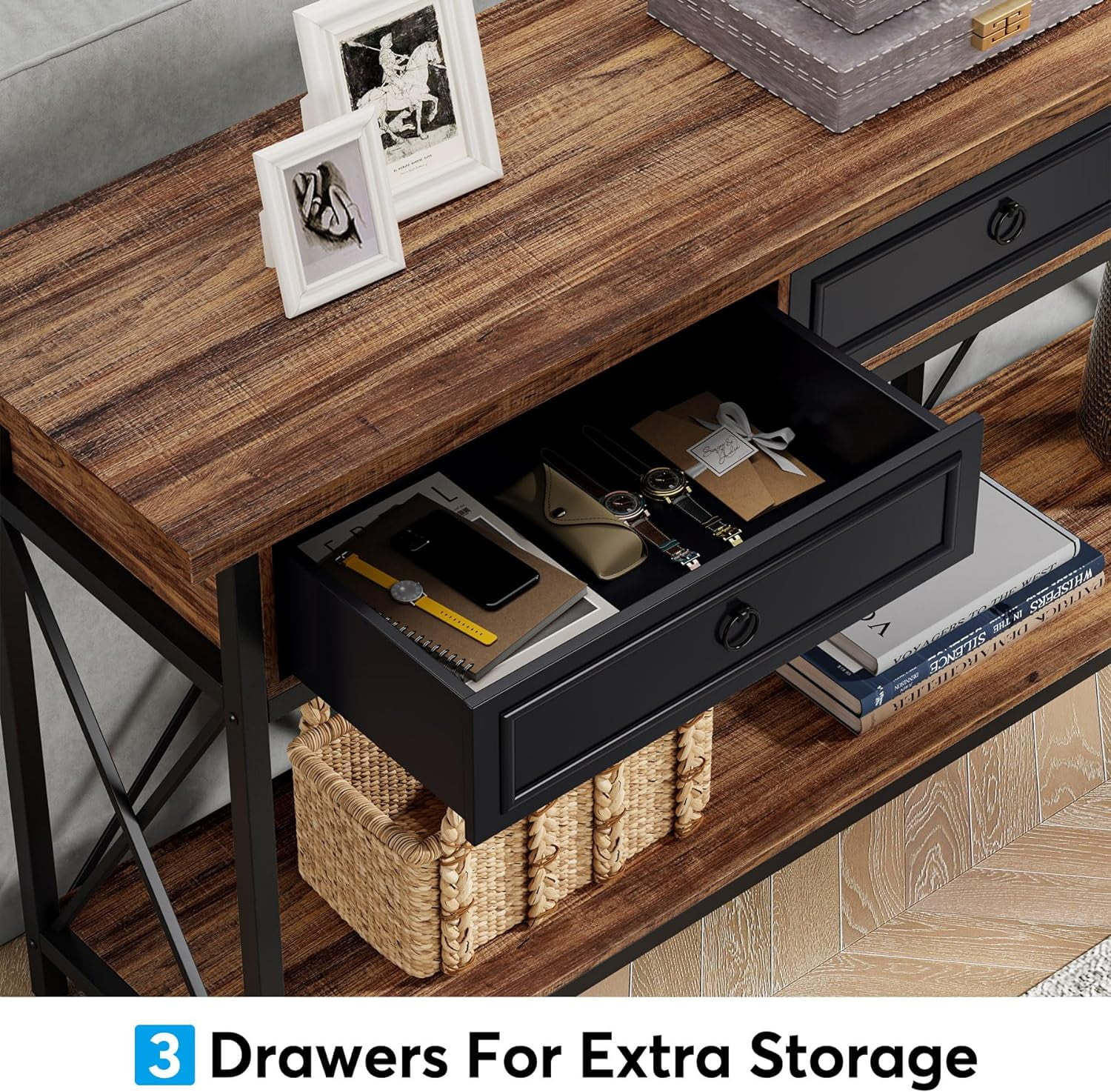 Tribesigns 70.8" Console Table with 3 Drawers, Farmhouse Entryway Table with Storage Shelf for Entryway, Hallway (Brown/Black) - Curated Treasures Market